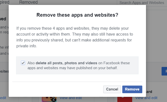 facebook remove apps