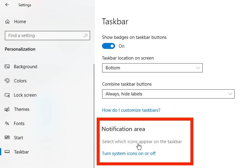 Área de notificaciones para la configuración en la barra de tareas