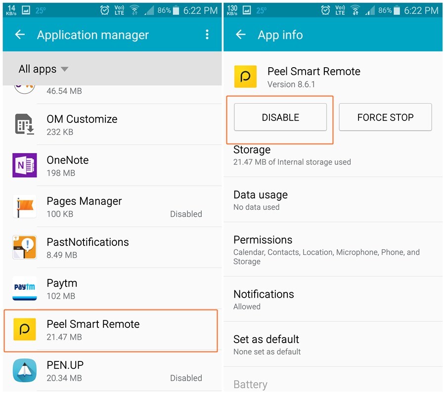 Cómo deshabilitar o desinstalar la aplicación Peel Remote de su Samsung, HTC u otros dispositivos Android